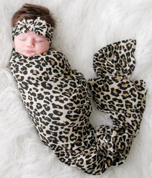 Posh Peanut Lana Leopard Tan Swaddle & Headband Set