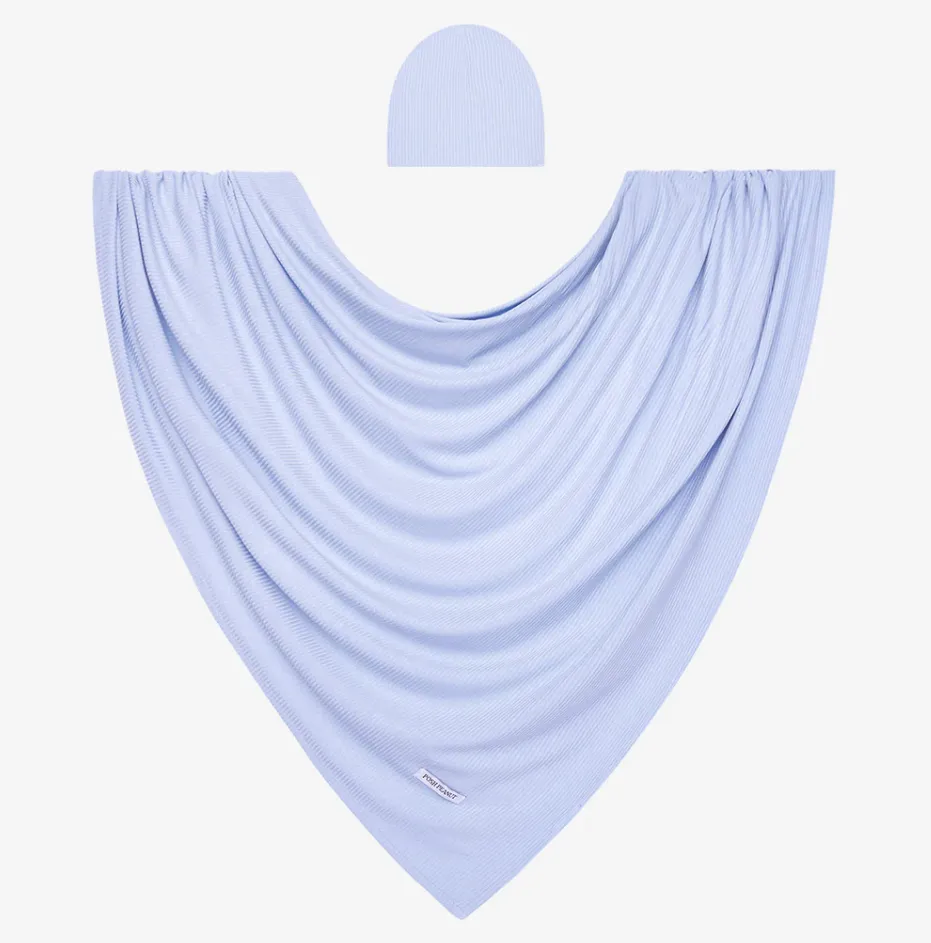 Posh Peanut Solid Ribbed Infant Swaddle & Beanie Set - Powder Blue
