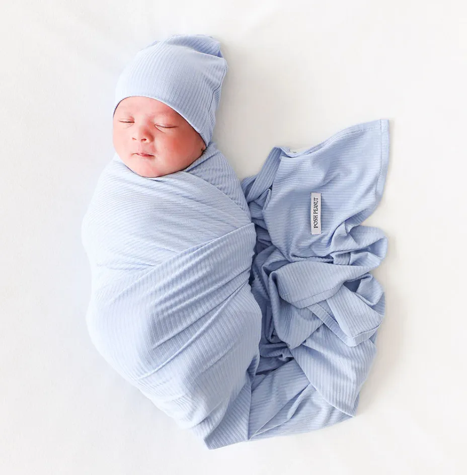 Posh Peanut Solid Ribbed Infant Swaddle & Beanie Set - Powder Blue