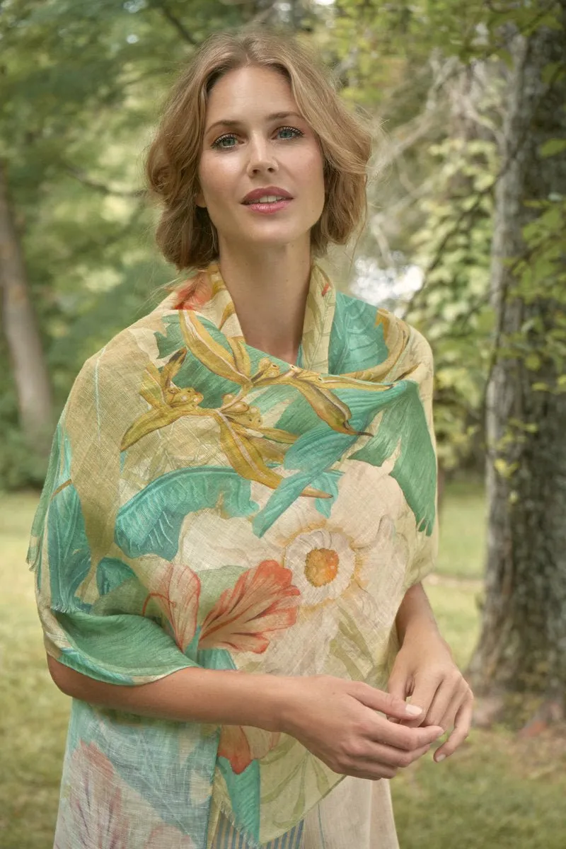 Powder 100% Linen Delicate Tropics Print Scarf Sage
