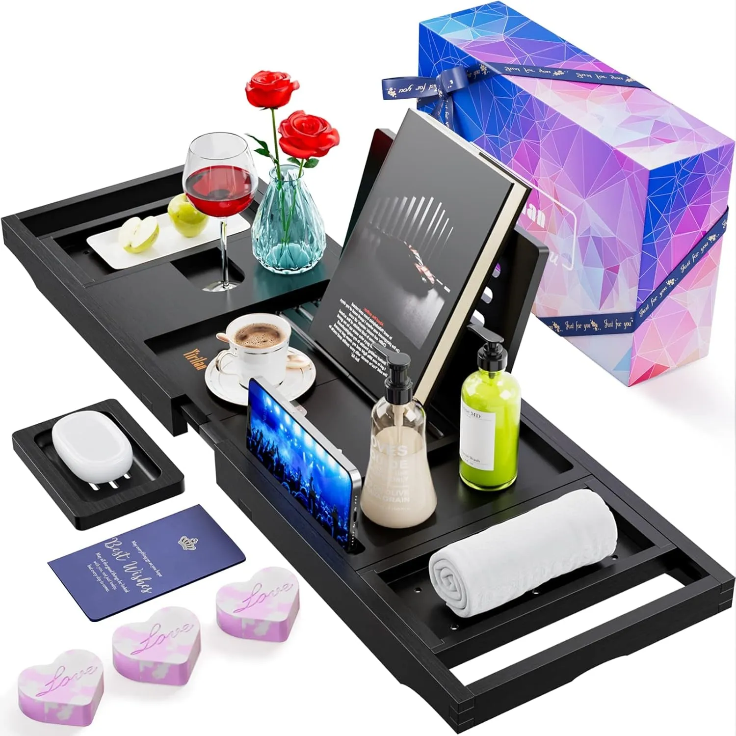 Premium Bathtub Tray Caddy, Expandable Bath Tray, Unique House Warming Gifts, New Home, Anniversary and Wedding Gifts for Couple, Bridal Shower Gift for Women