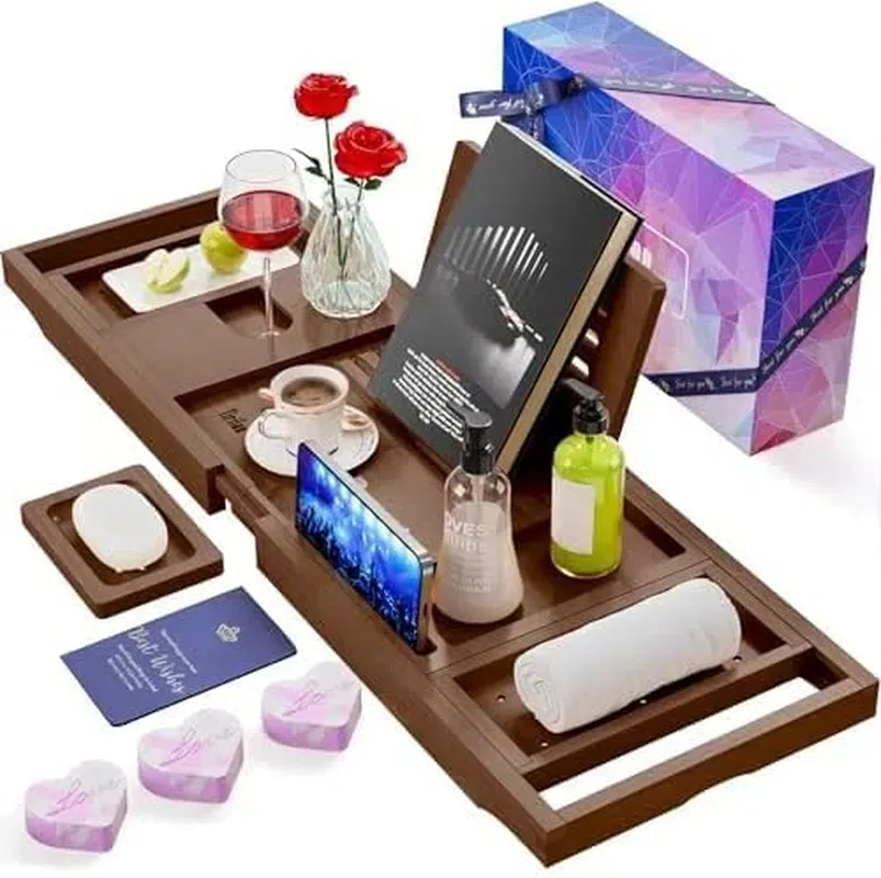 Premium Bathtub Tray Caddy, Expandable Bath Tray, Unique House Warming Gifts, New Home, Anniversary and Wedding Gifts for Couple, Bridal Shower Gift for Women