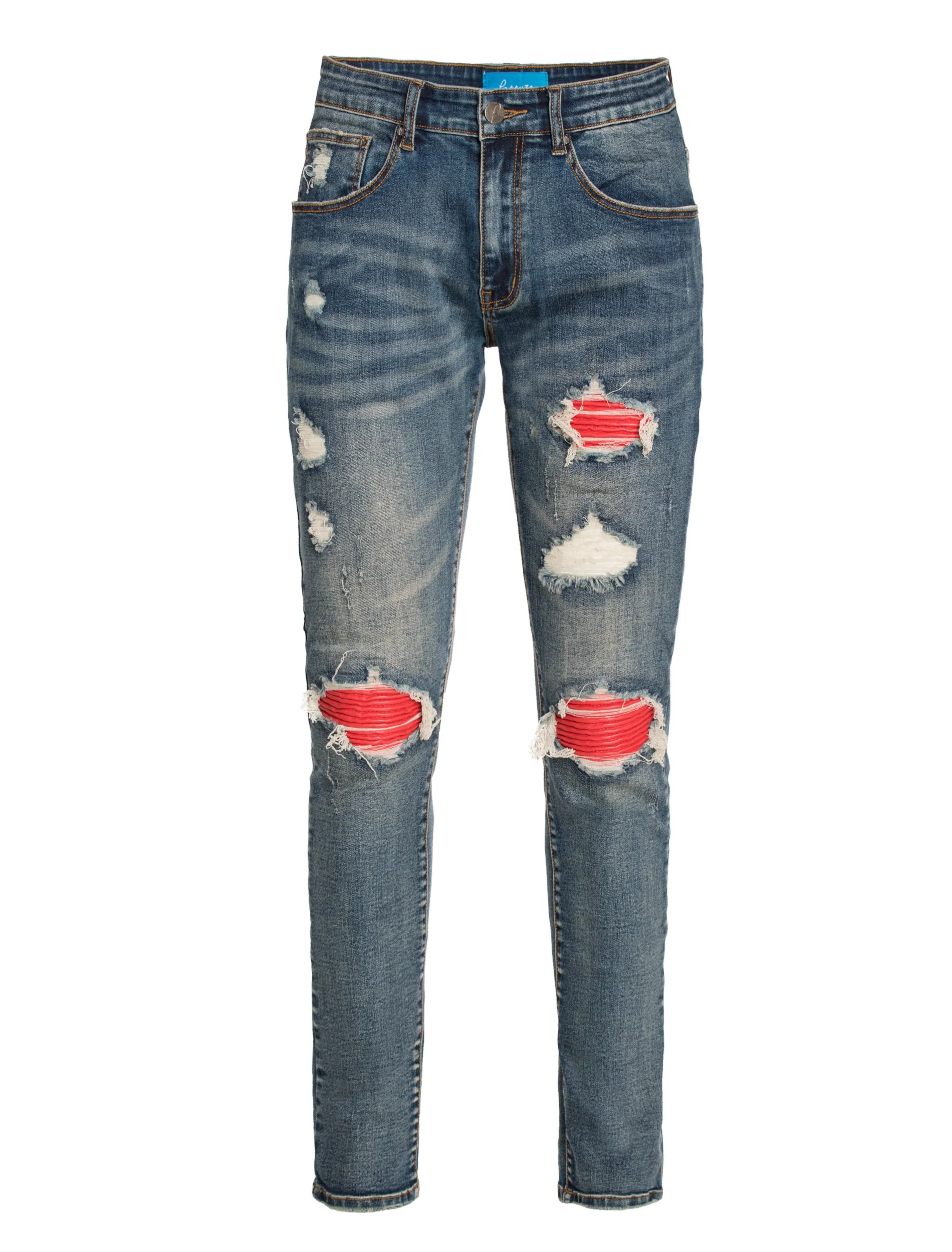 PX Indigo denim , quilted red patches