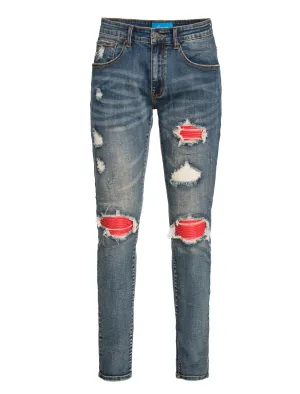 PX Indigo denim , quilted red patches