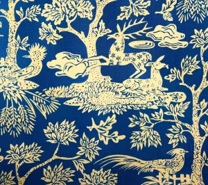 Quadrille Prints: Magic Garden Reverse - Navy on Tan Linen