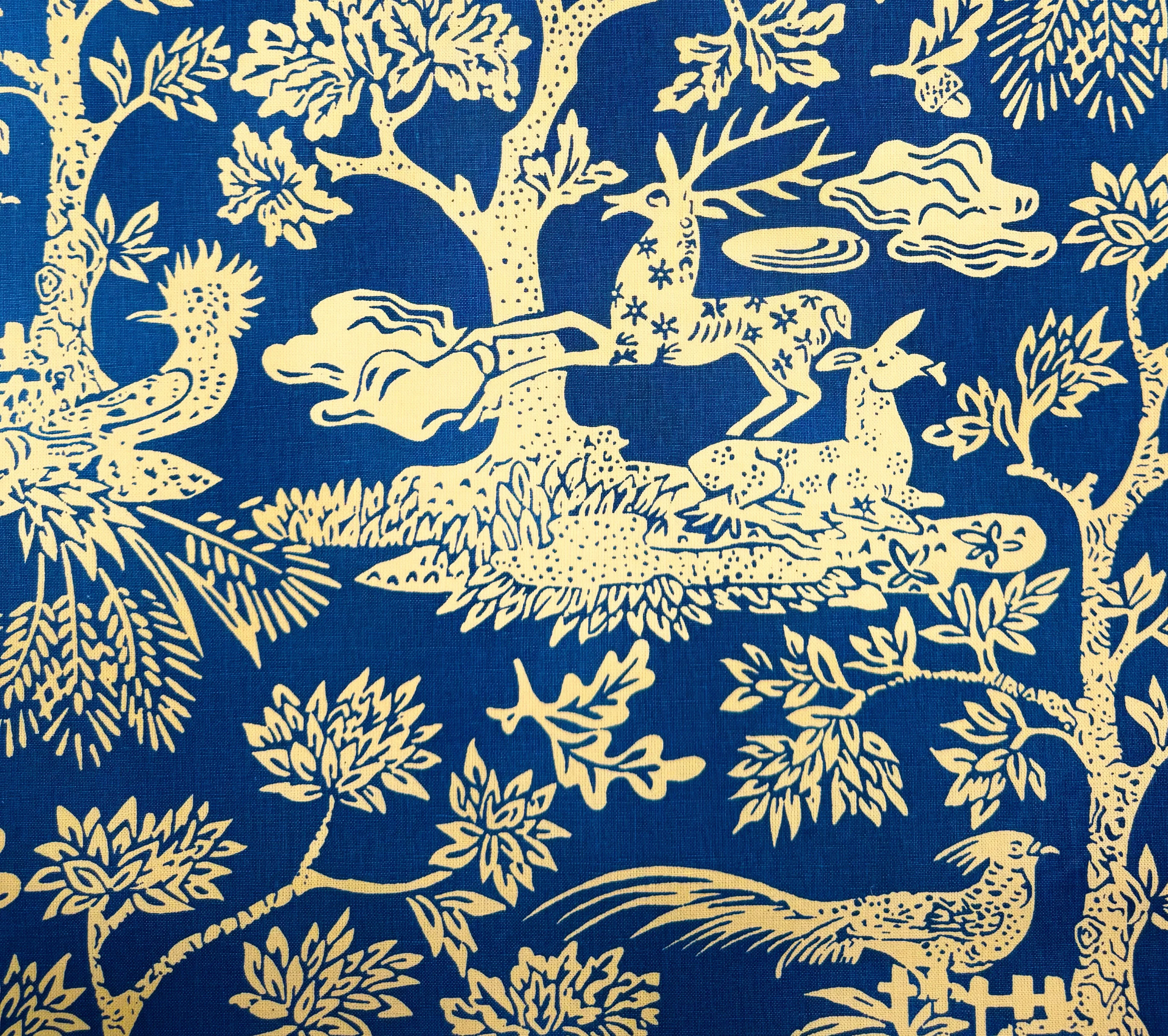 Quadrille Prints: Magic Garden Reverse - Navy on Tan Linen