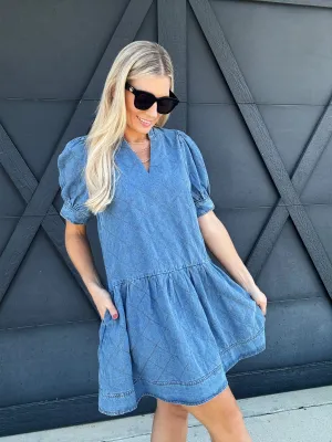 Quilted Puff Sleeve Mini Dress In Denim