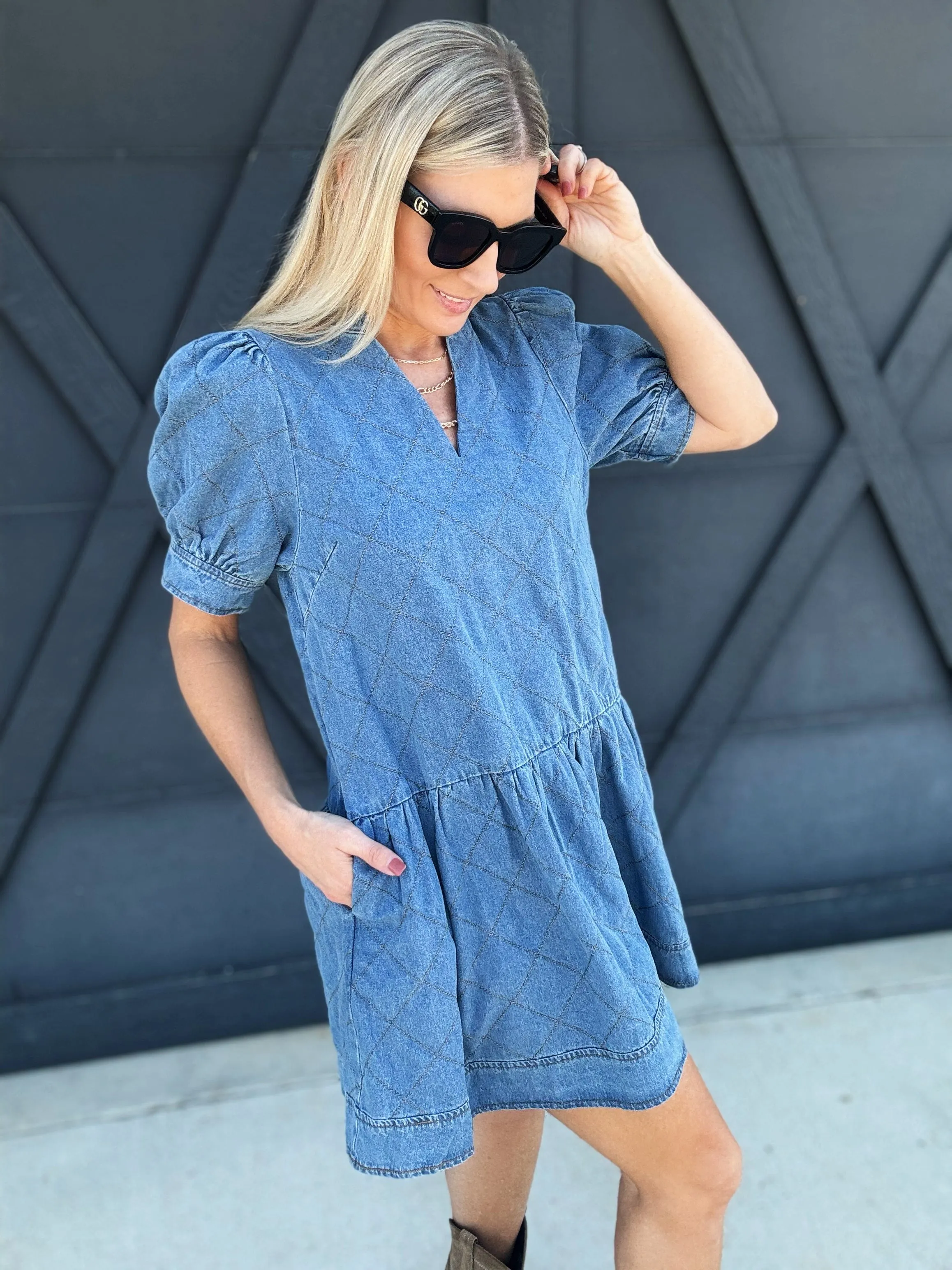 Quilted Puff Sleeve Mini Dress In Denim