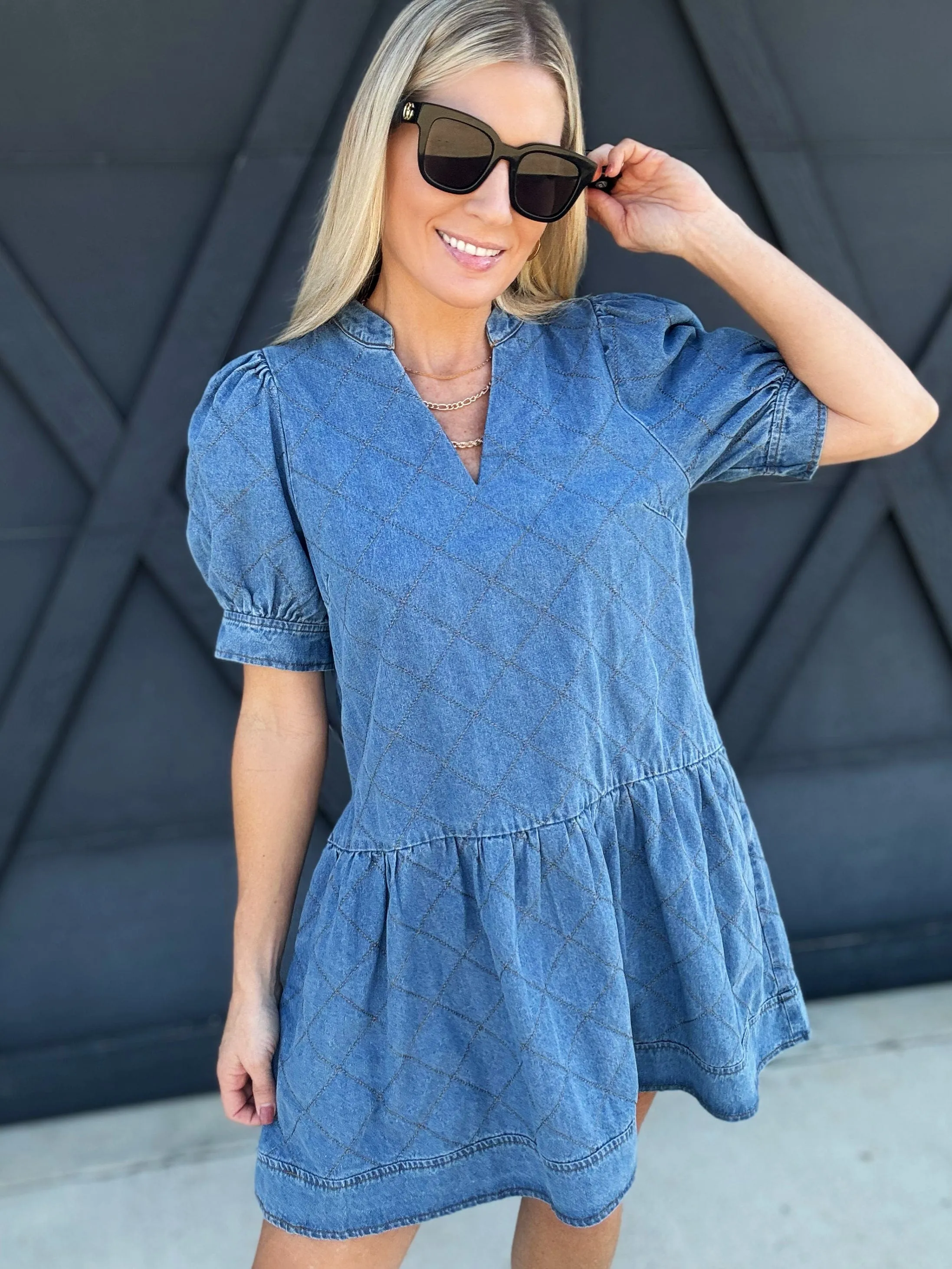 Quilted Puff Sleeve Mini Dress In Denim