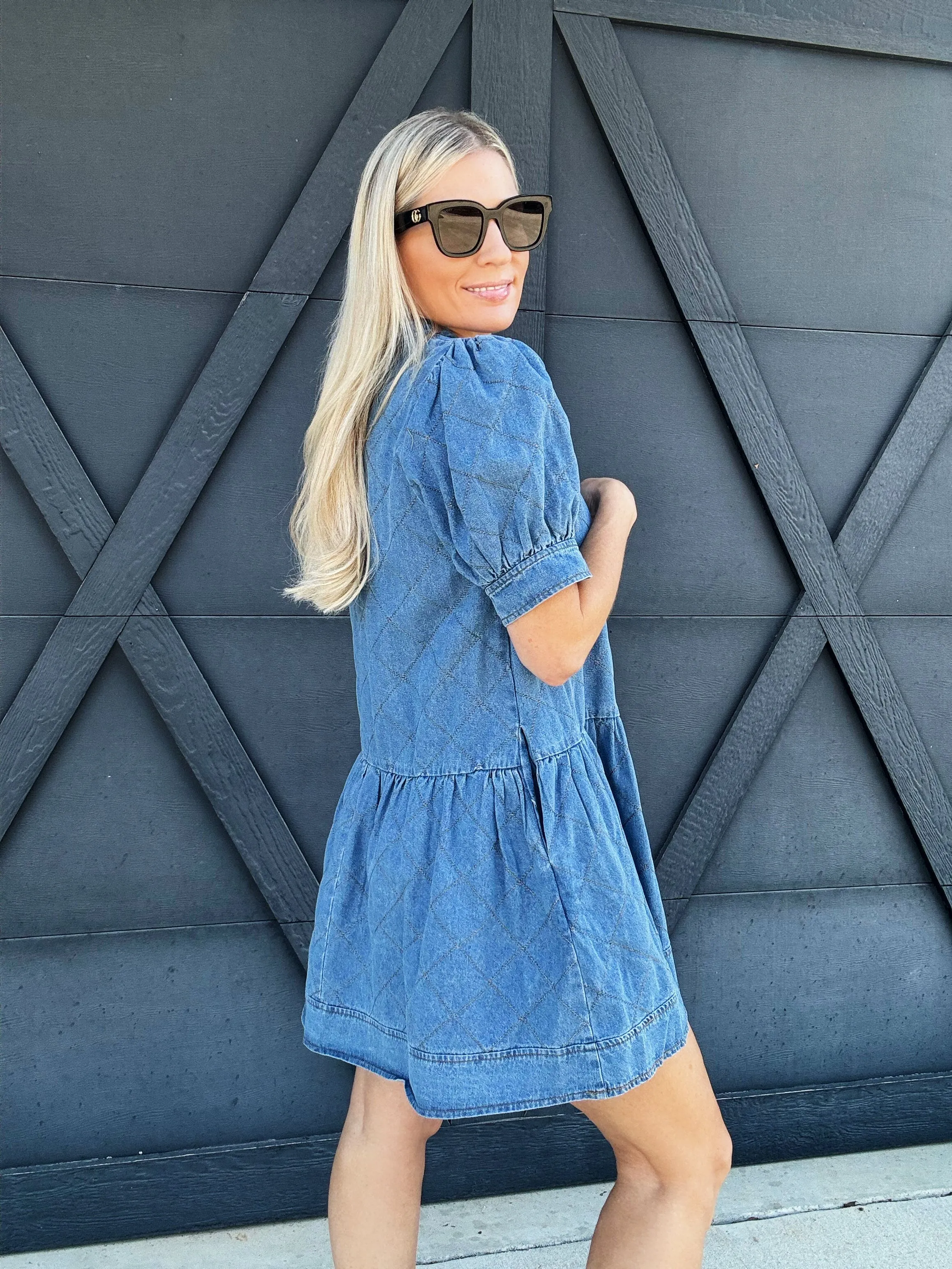 Quilted Puff Sleeve Mini Dress In Denim