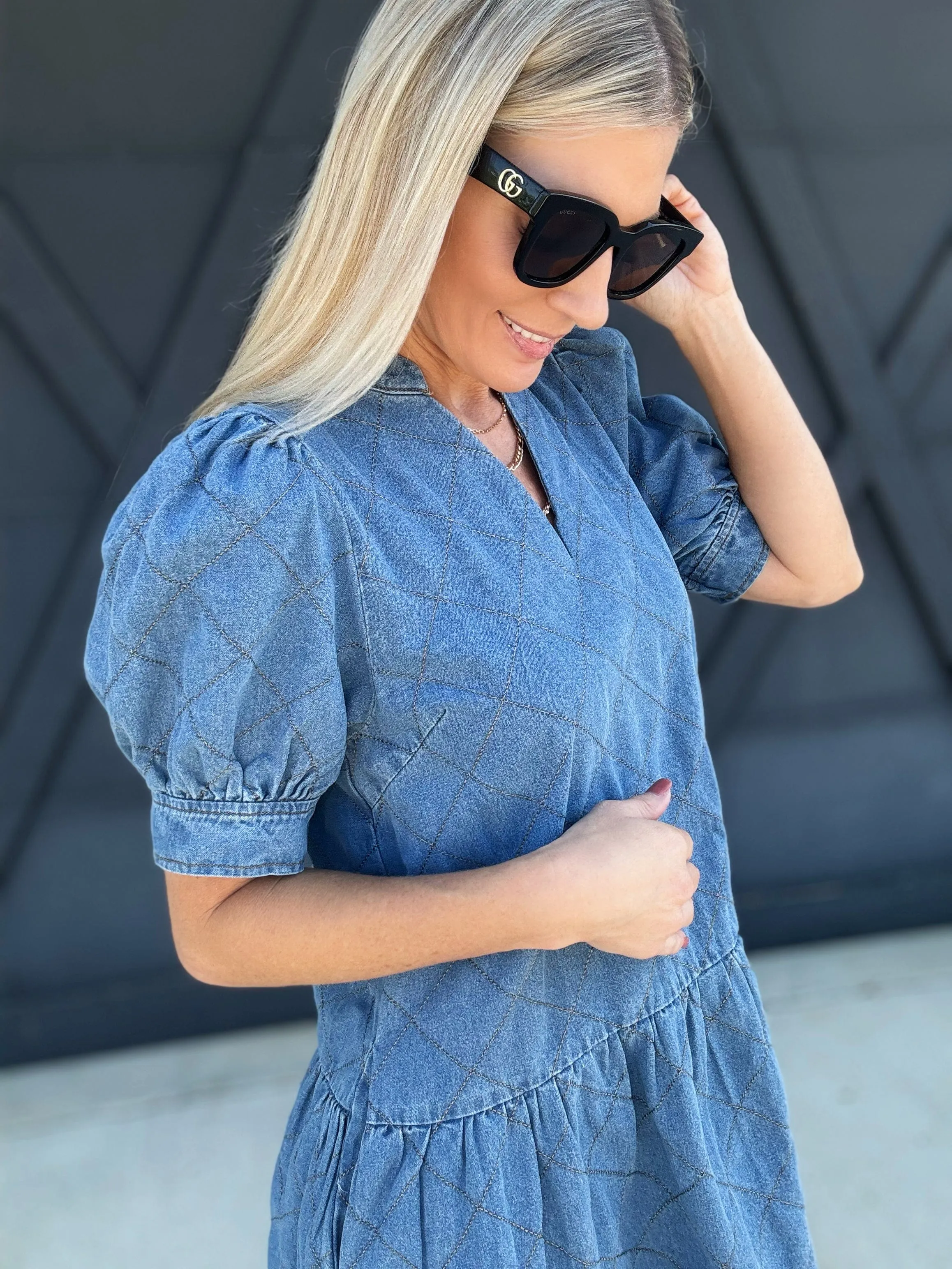 Quilted Puff Sleeve Mini Dress In Denim