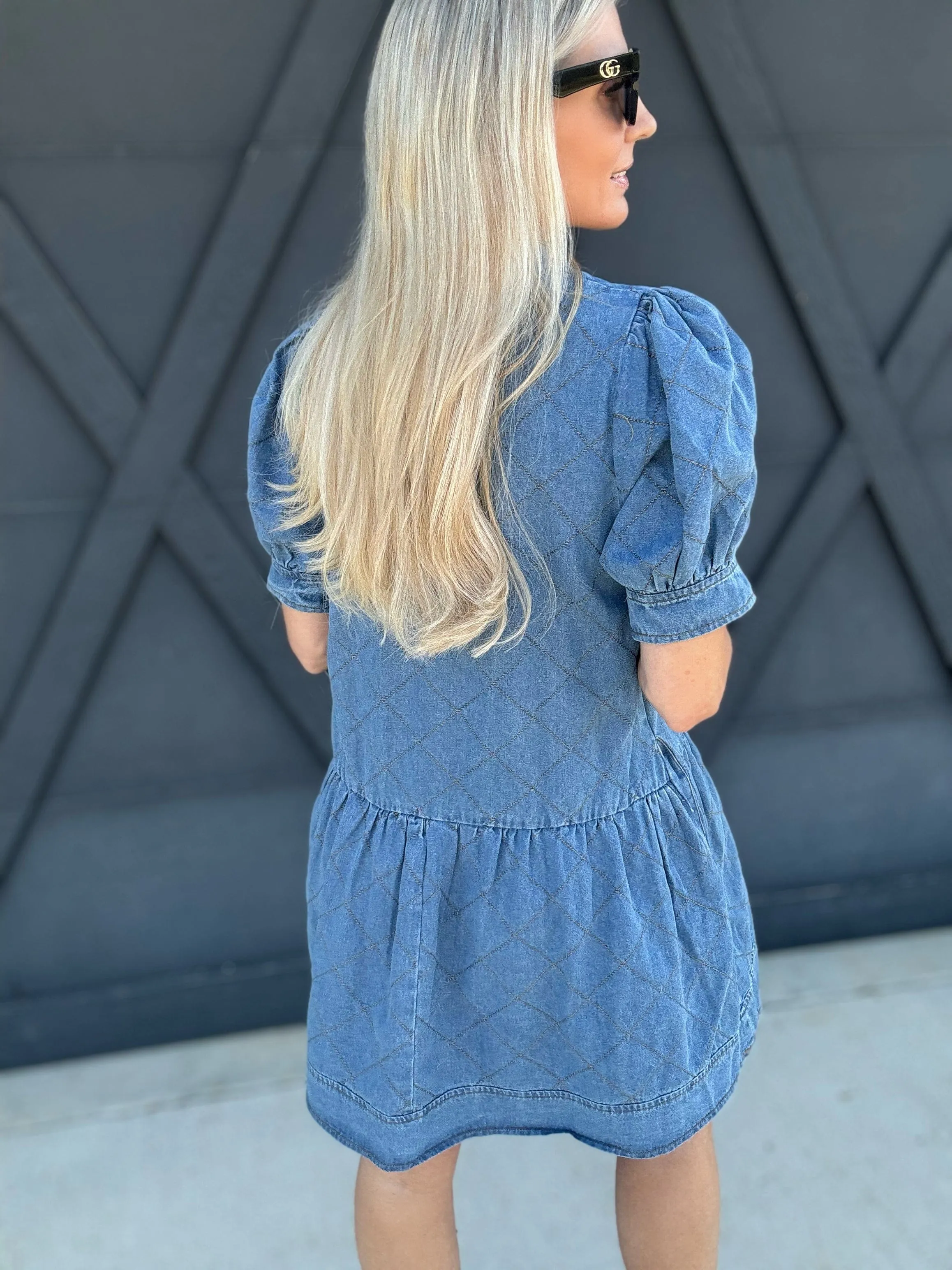 Quilted Puff Sleeve Mini Dress In Denim