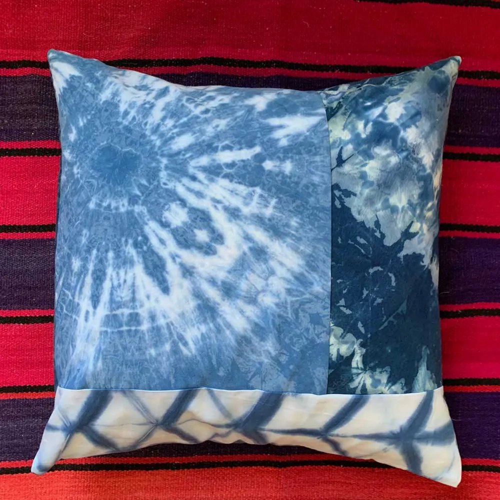 Quilted Shibori Handyed Indigo Tie Dye Pillow Cover 20x20"  Design 11