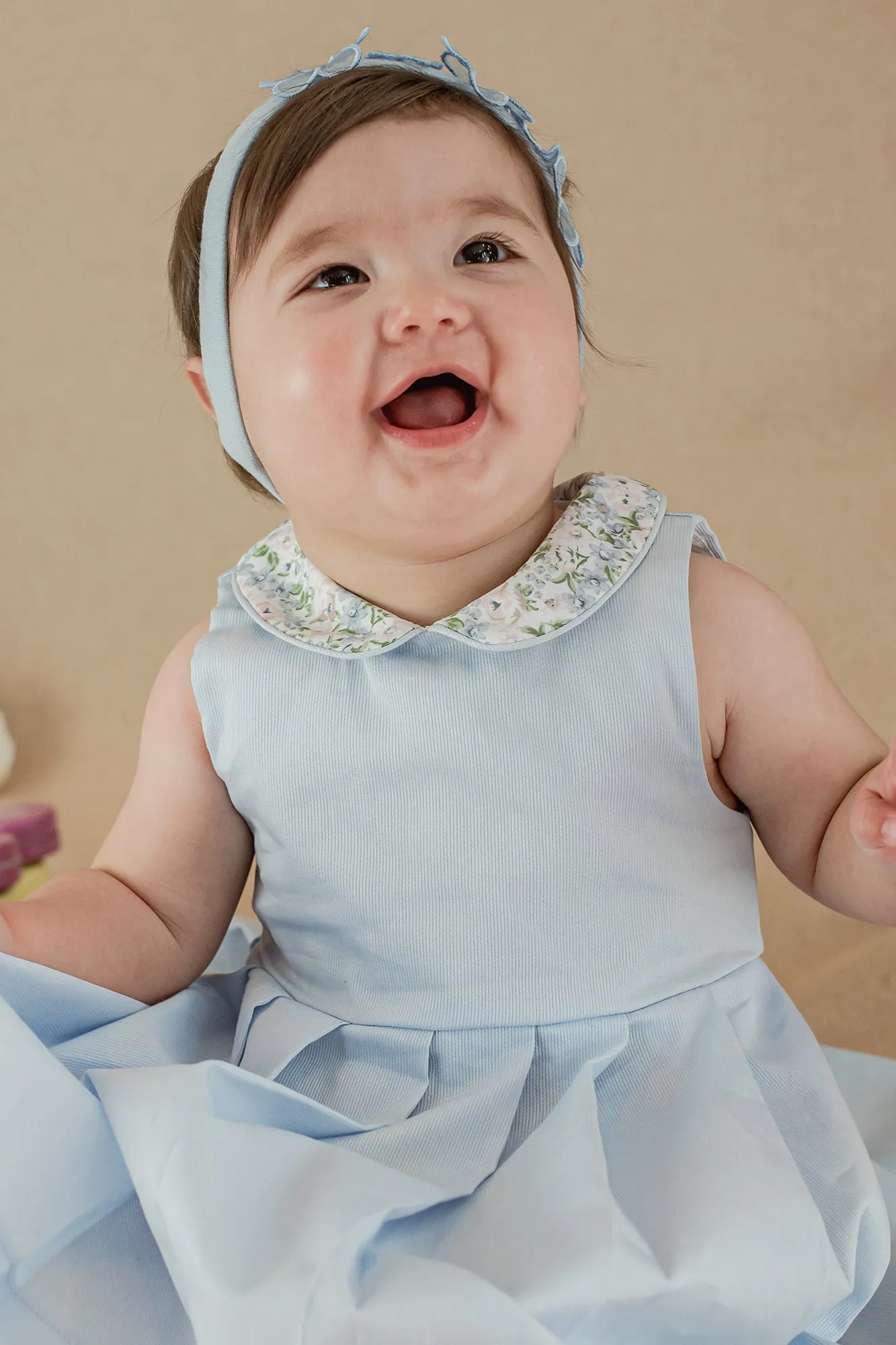 "Rosaline" Powder Blue Floral Pleated Dress
