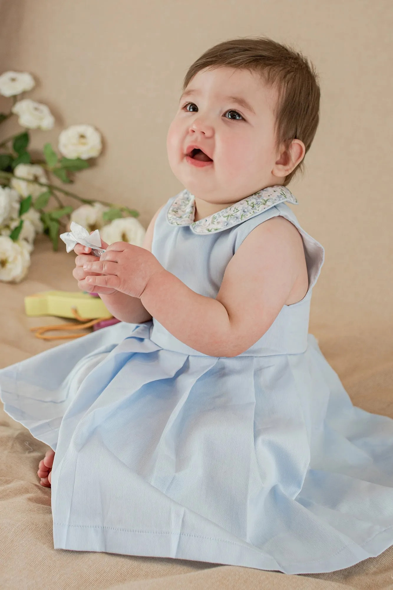 "Rosaline" Powder Blue Floral Pleated Dress