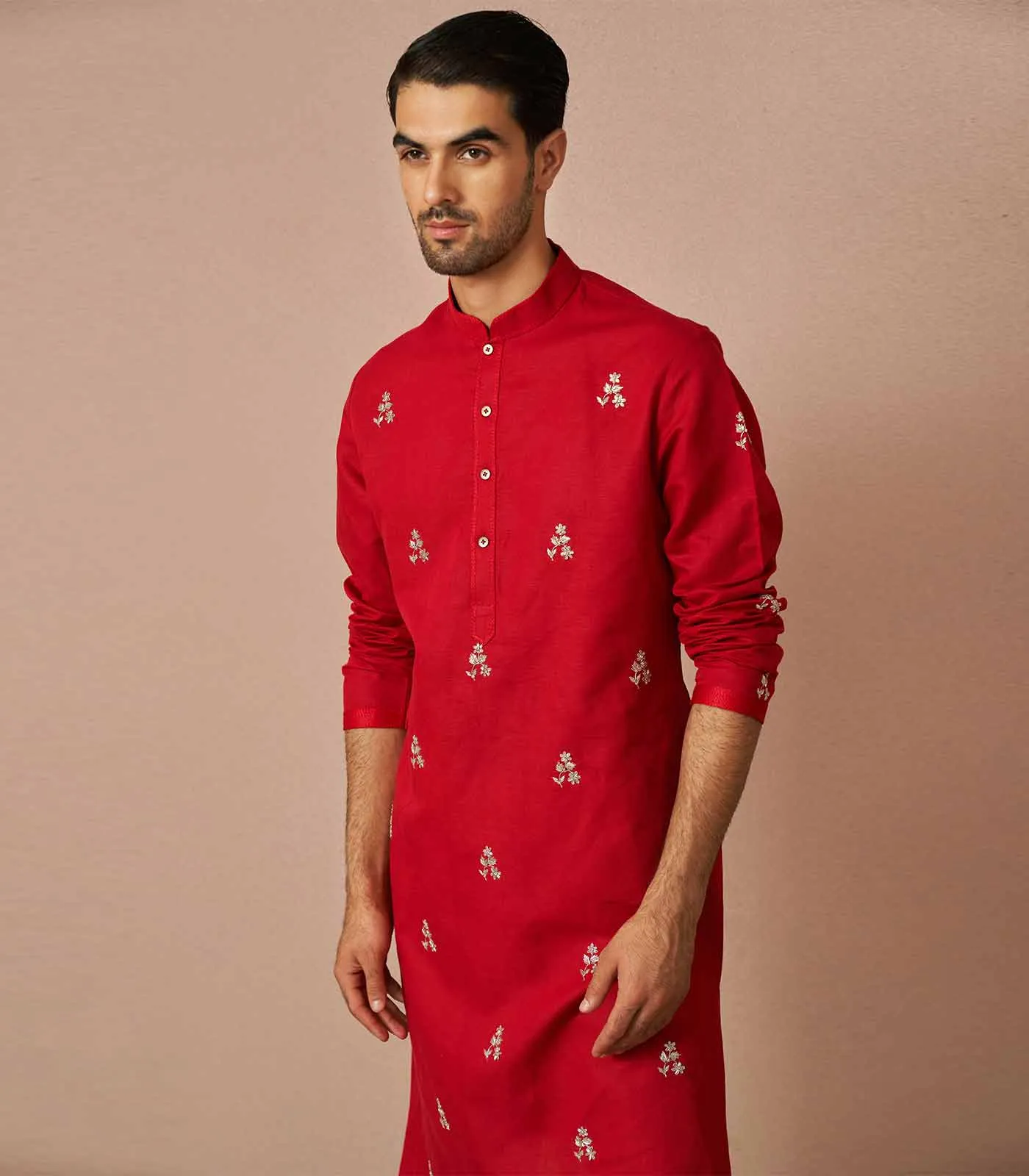 RED LINEN EMBROIDERED KURTA SET