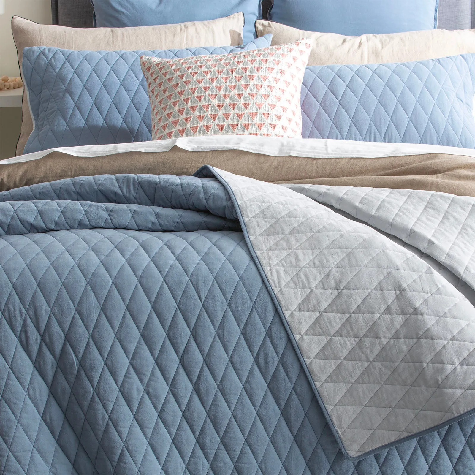 Renee Taylor Diamante Vintage Stone Washed Cotton Reversible Quilted Coverlet Set - Blue
