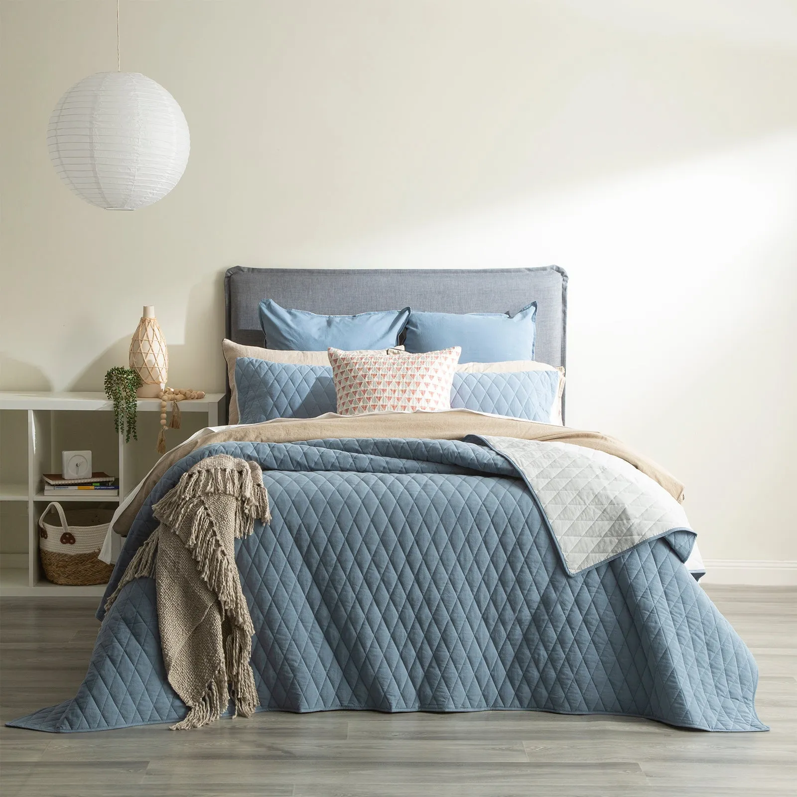 Renee Taylor Diamante Vintage Stone Washed Cotton Reversible Quilted Coverlet Set - Blue