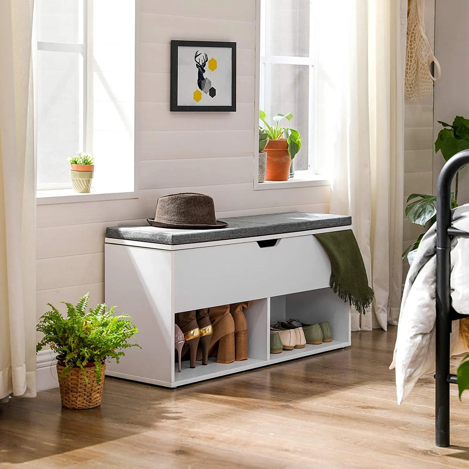 Rootz Shoe Bench - Entryway Bench - Shoe Rack - E1 Class Wood - Padded Seat - 100cm x 30cm x 48cm