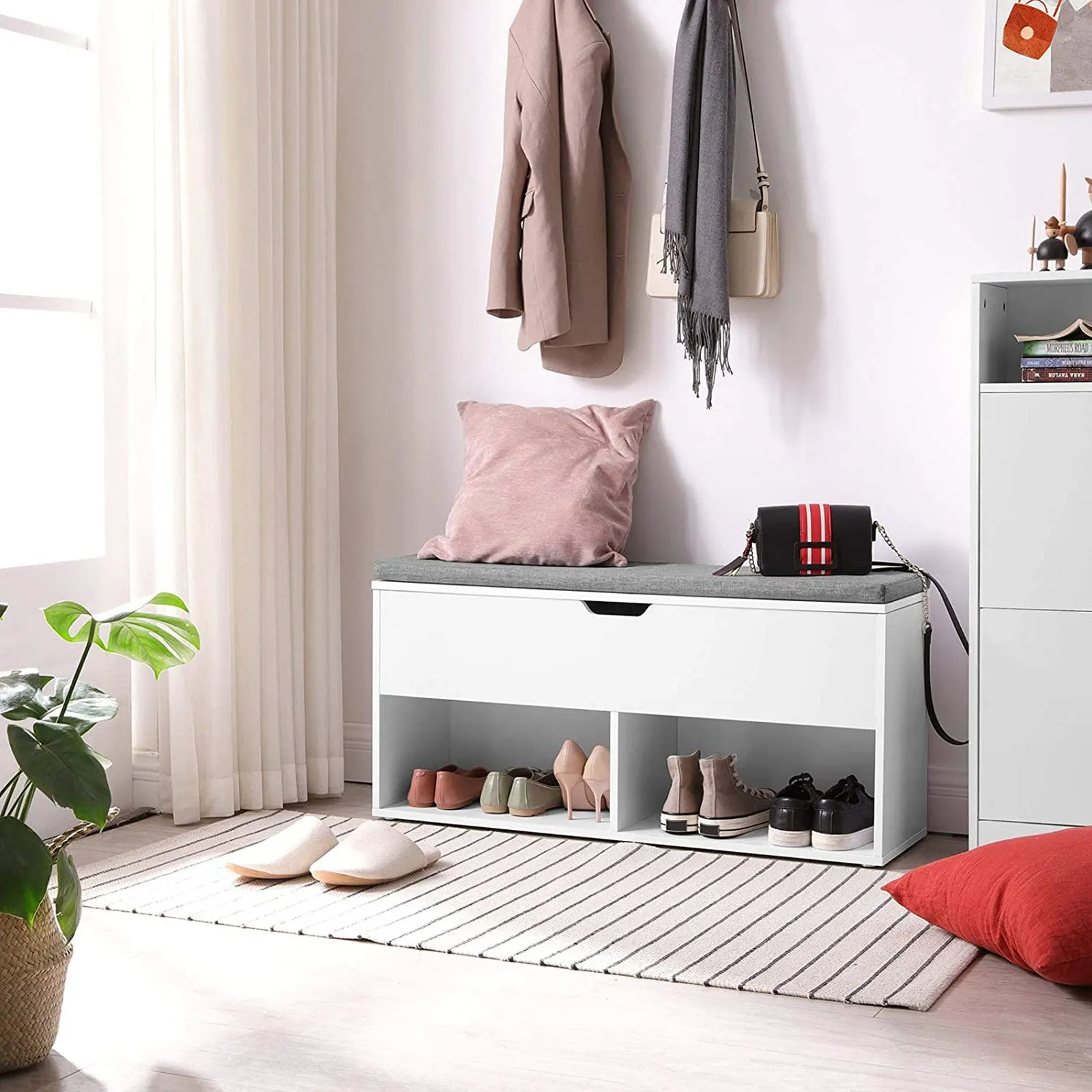 Rootz Shoe Bench - Entryway Bench - Shoe Rack - E1 Class Wood - Padded Seat - 100cm x 30cm x 48cm