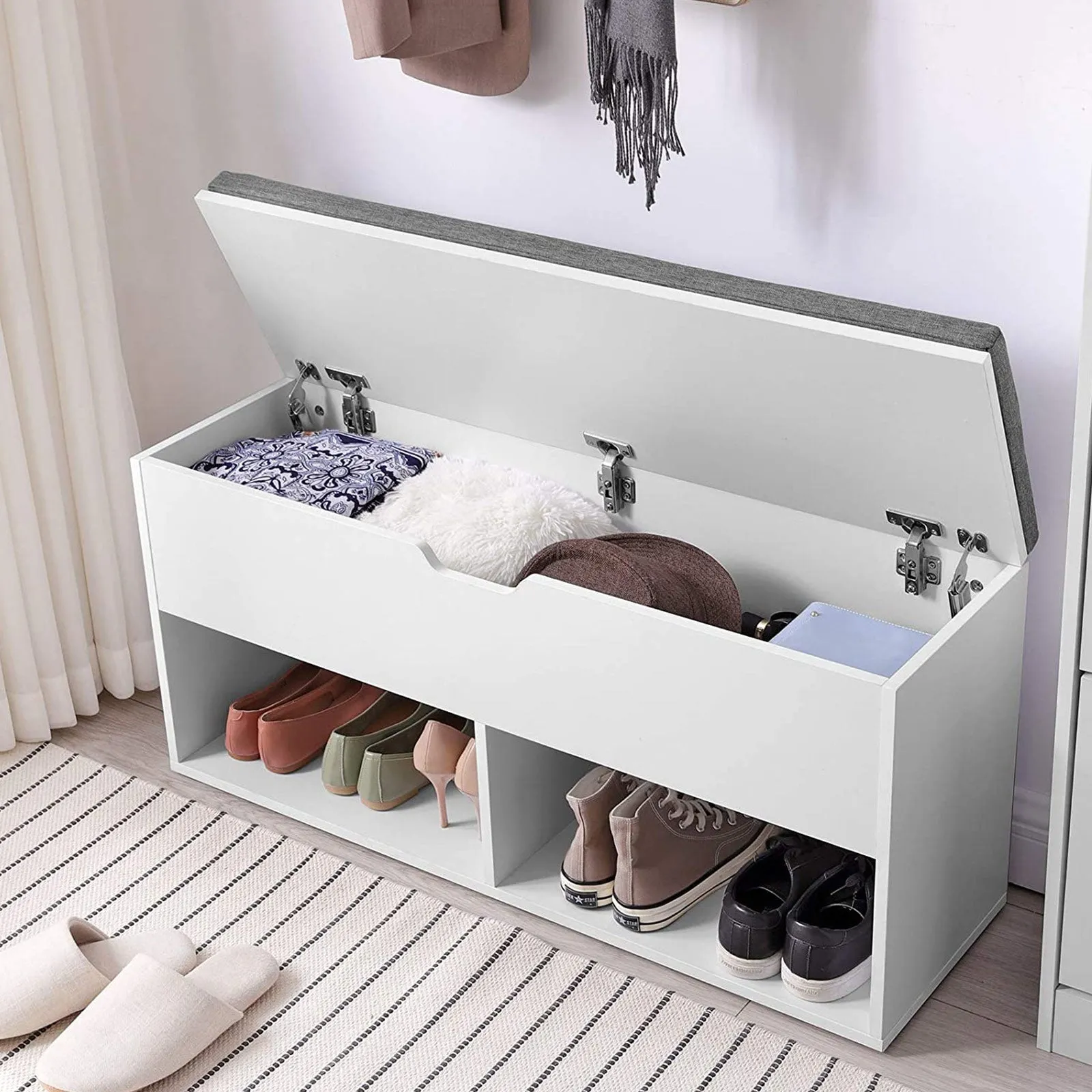 Rootz Shoe Bench - Entryway Bench - Shoe Rack - E1 Class Wood - Padded Seat - 100cm x 30cm x 48cm