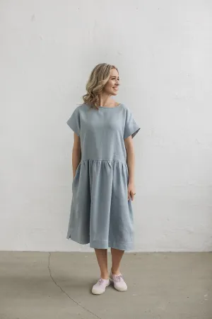 Round-Neck Loose Ruffled Linen Dress