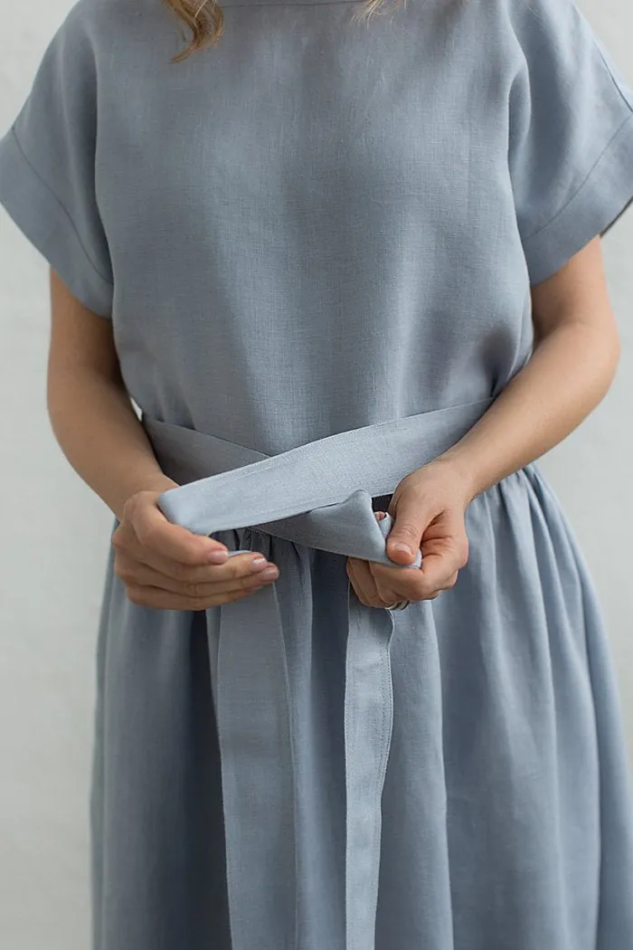 Round-Neck Loose Ruffled Linen Dress