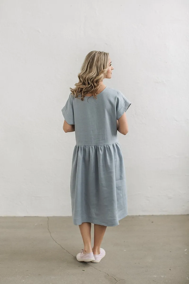 Round-Neck Loose Ruffled Linen Dress