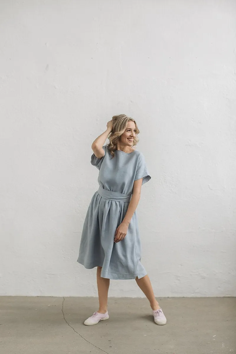 Round-Neck Loose Ruffled Linen Dress
