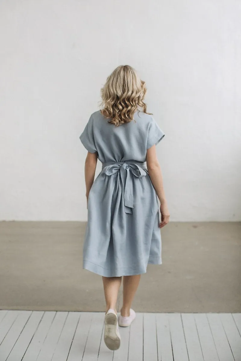 Round-Neck Loose Ruffled Linen Dress