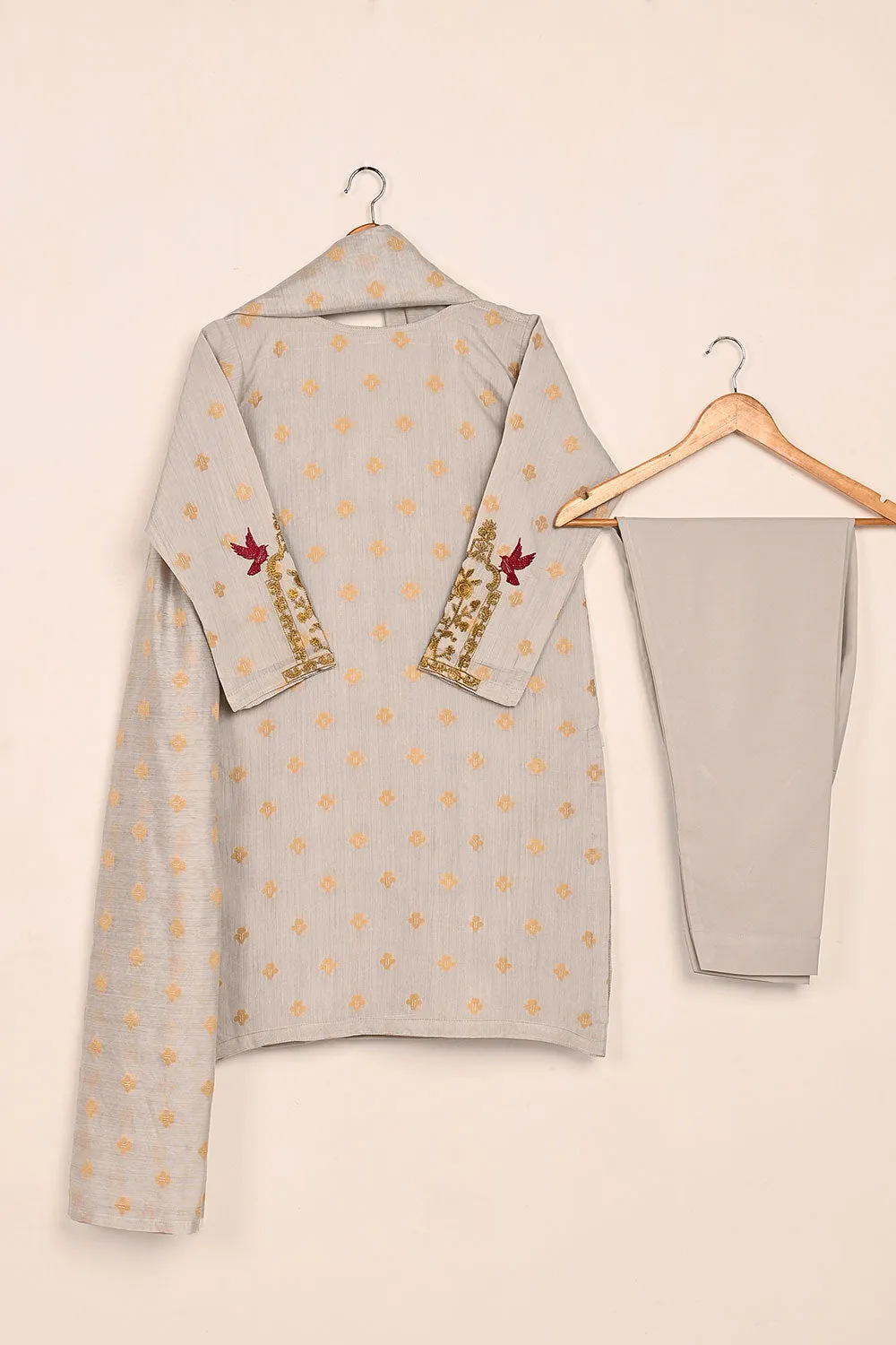 RTW-209-Grey - 3Pc Stitched Jacquard Paper Cotton Embroidered Dress