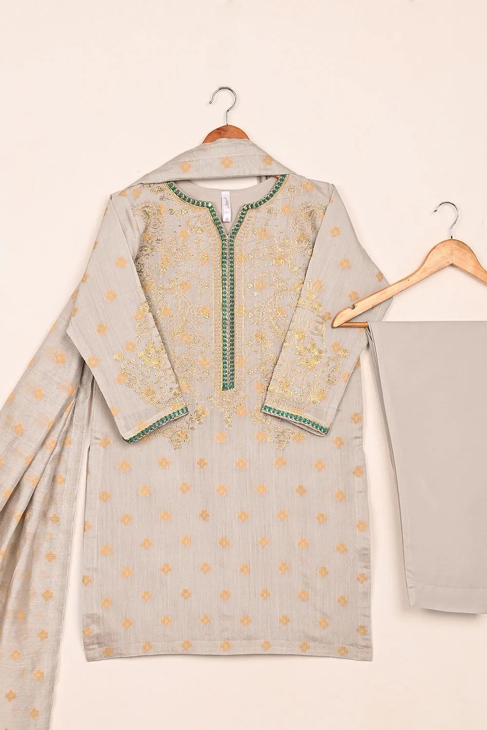 RTW-210-Grey - 3Pc Stitched Jacquard Paper Cotton Embroidered Dress