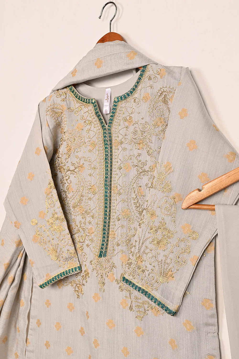 RTW-210-Grey - 3Pc Stitched Jacquard Paper Cotton Embroidered Dress