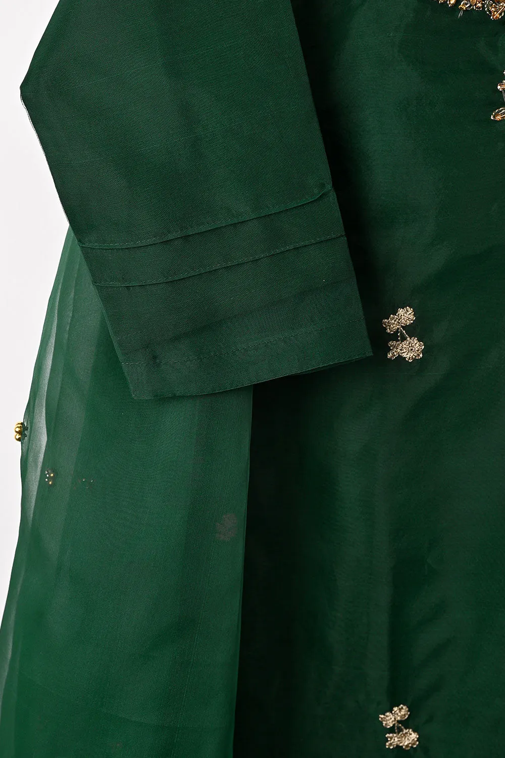 RTW-260-Bottle Green - 3Pc Ready to Wear Embroidered Premium Adda Work Organza Dress