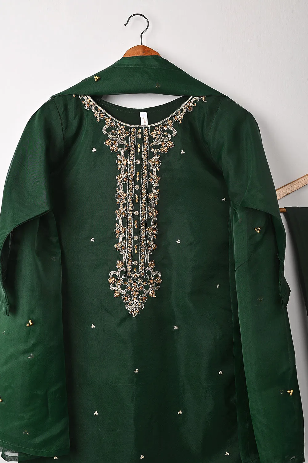 RTW-261-Bottle Green - 3Pc Ready to Wear Embroidered Premium Adda Work Organza Dress