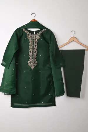 RTW-261-Bottle Green - 3Pc Ready to Wear Embroidered Premium Adda Work Organza Dress