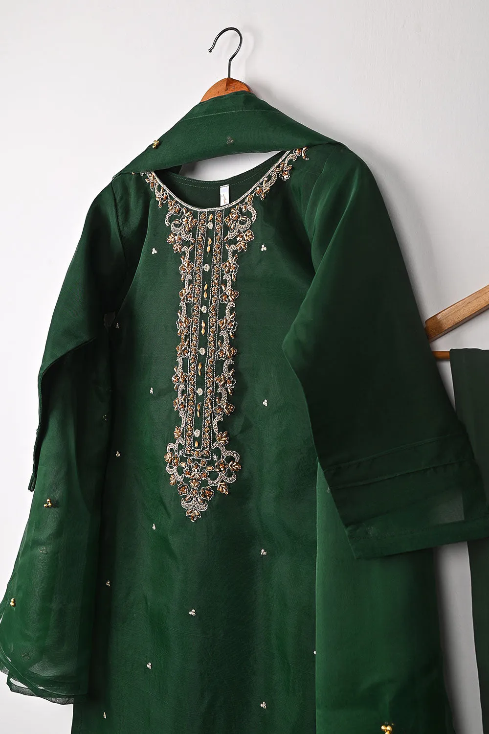 RTW-261-Bottle Green - 3Pc Ready to Wear Embroidered Premium Adda Work Organza Dress
