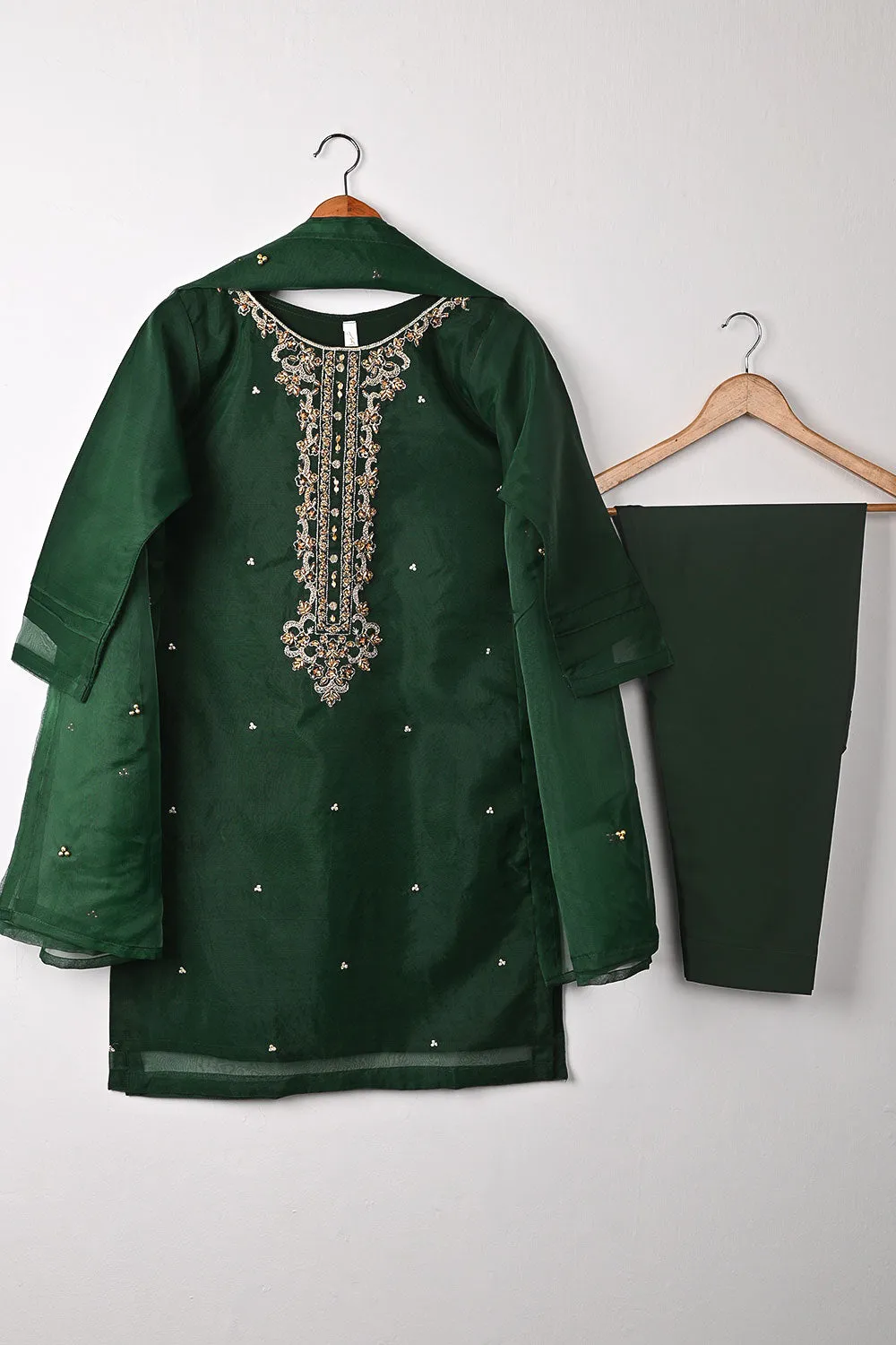 RTW-261-Bottle Green - 3Pc Ready to Wear Embroidered Premium Adda Work Organza Dress