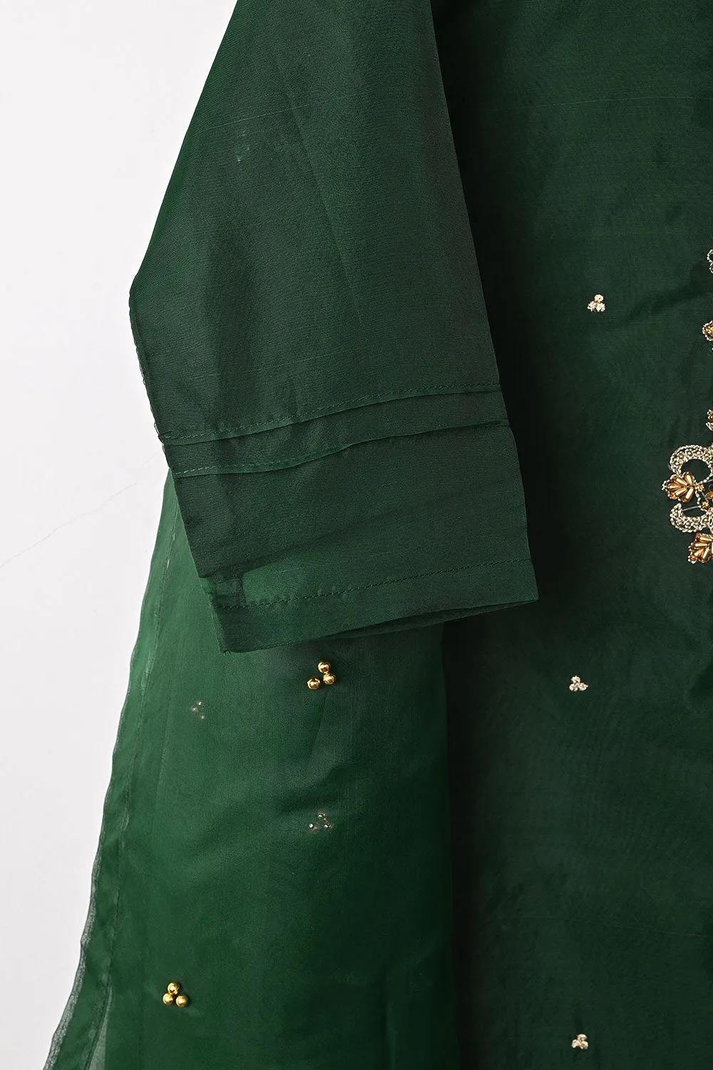 RTW-261-Bottle Green - 3Pc Ready to Wear Embroidered Premium Adda Work Organza Dress