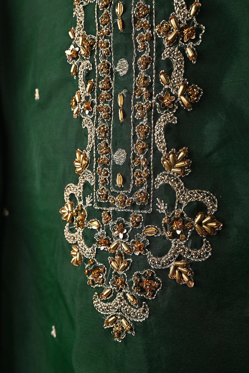 RTW-261-Bottle Green - 3Pc Ready to Wear Embroidered Premium Adda Work Organza Dress