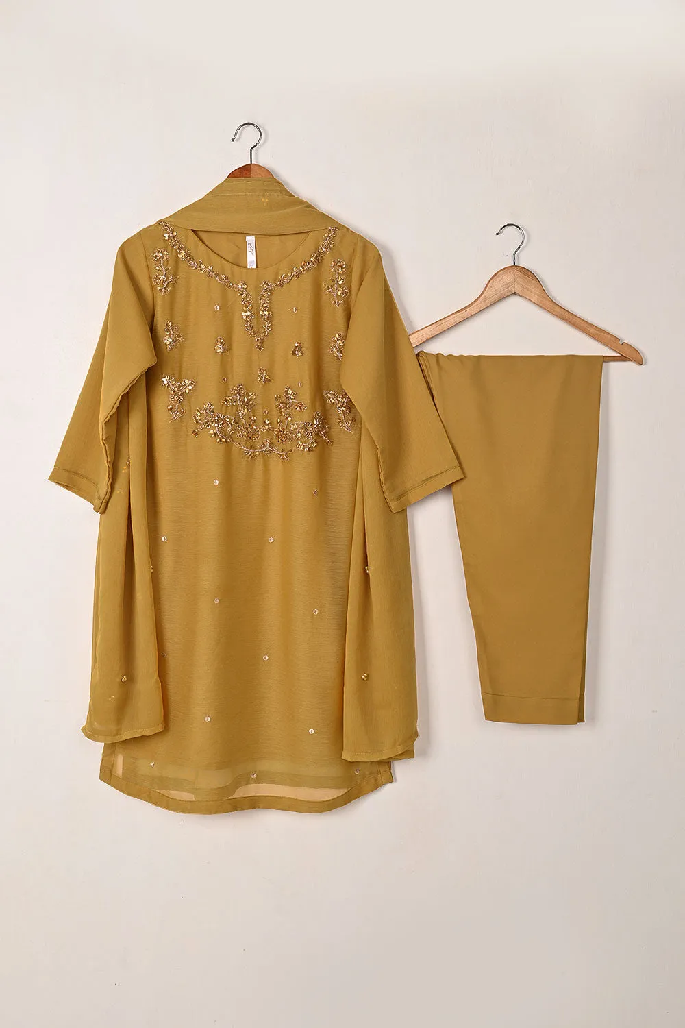 RTW-283-Mustard - 3Pc Ready to Wear Embroidered Adda Work Chiffon Dress