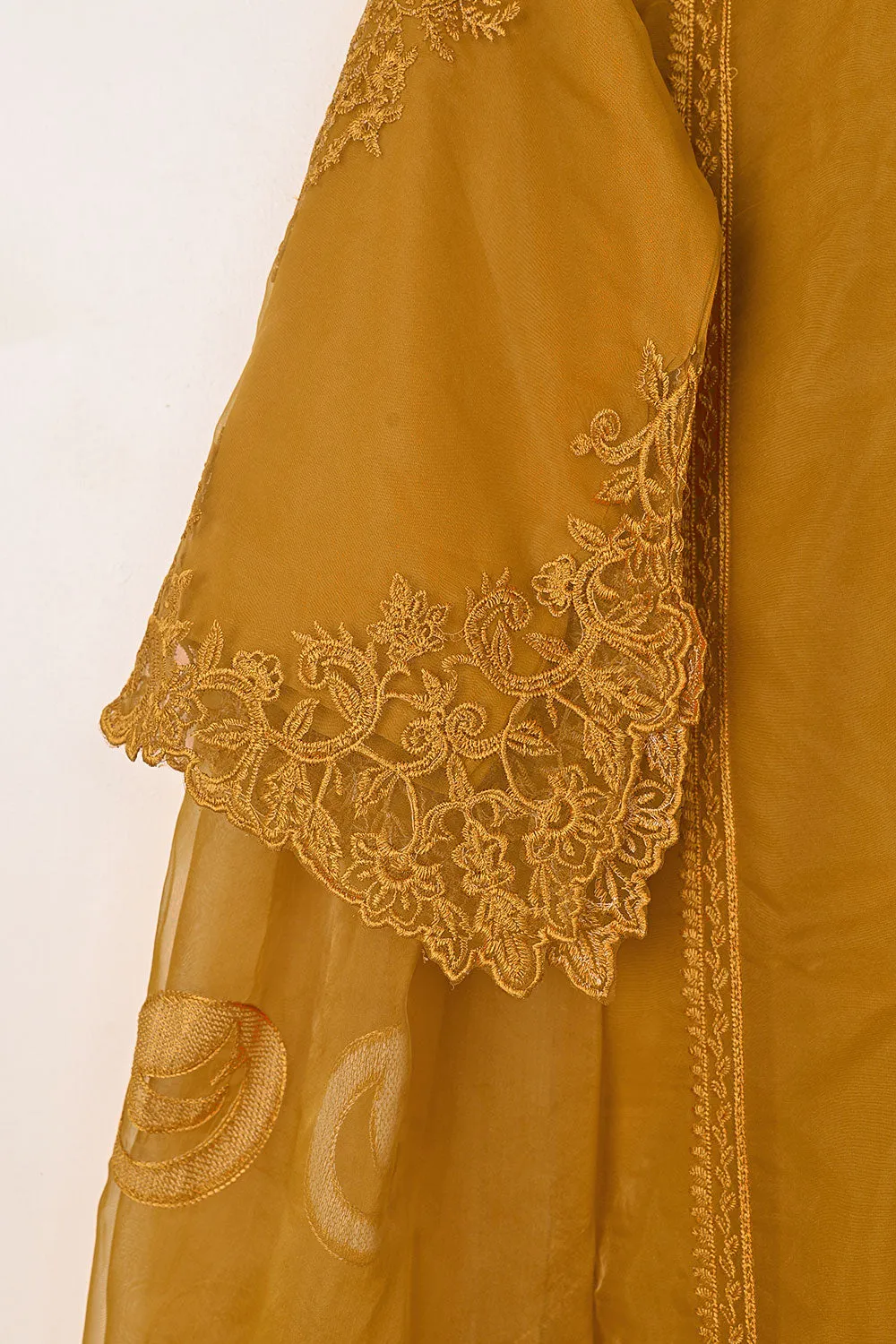 RTW-284-Mustard - 3Pc Ready to Wear Cut Work Embroidered Organza Dress