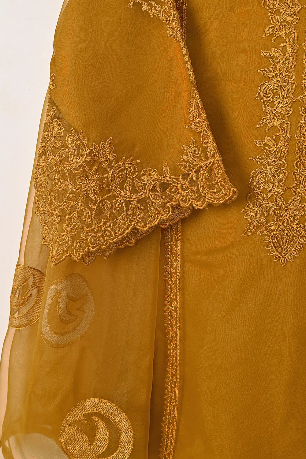 RTW-284-Mustard - 3Pc Ready to Wear Cut Work Embroidered Organza Dress