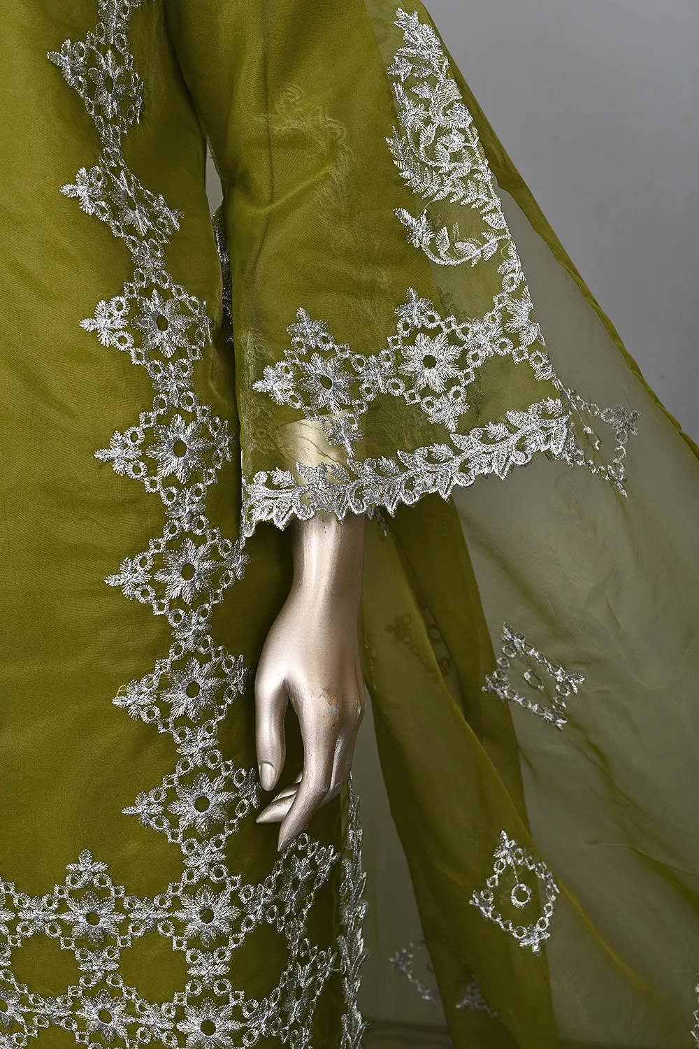 RTW-293-Moss - 3Pc Ready to Wear Cut Work Embroidered Organza Dress