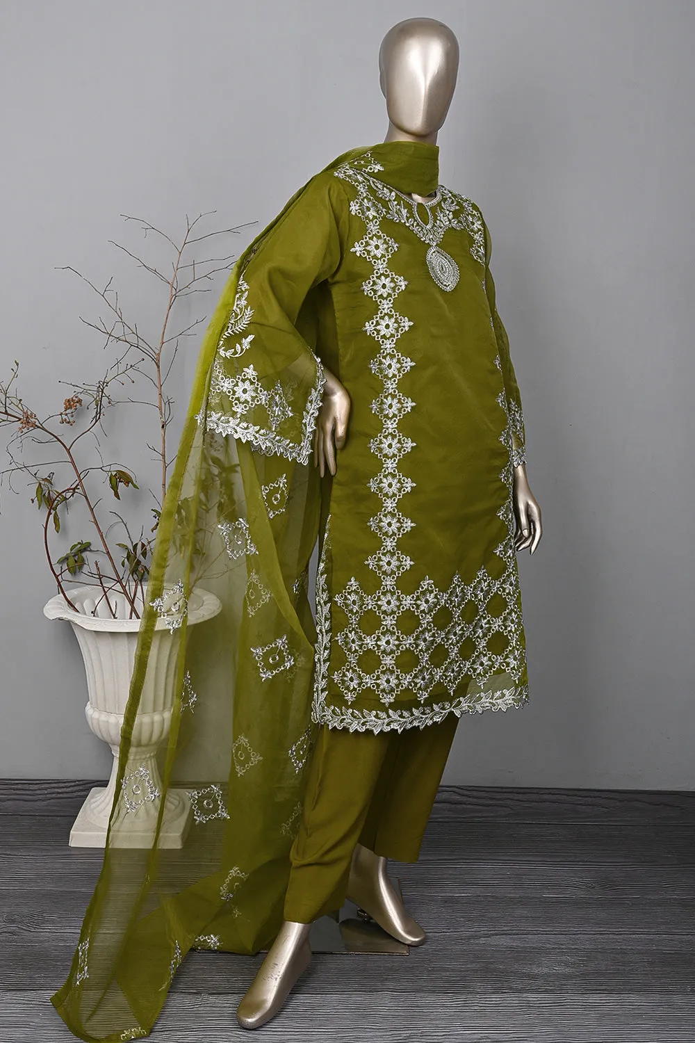 RTW-293-Moss - 3Pc Ready to Wear Cut Work Embroidered Organza Dress
