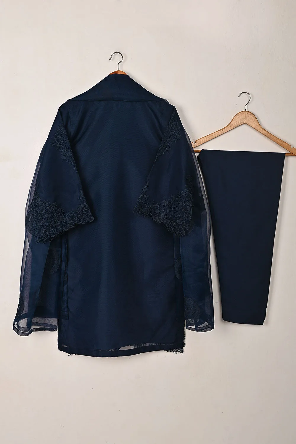 RTW-300-Navy Blue - 3Pc Ready to Wear Cut Work Embroidered Organza Dress