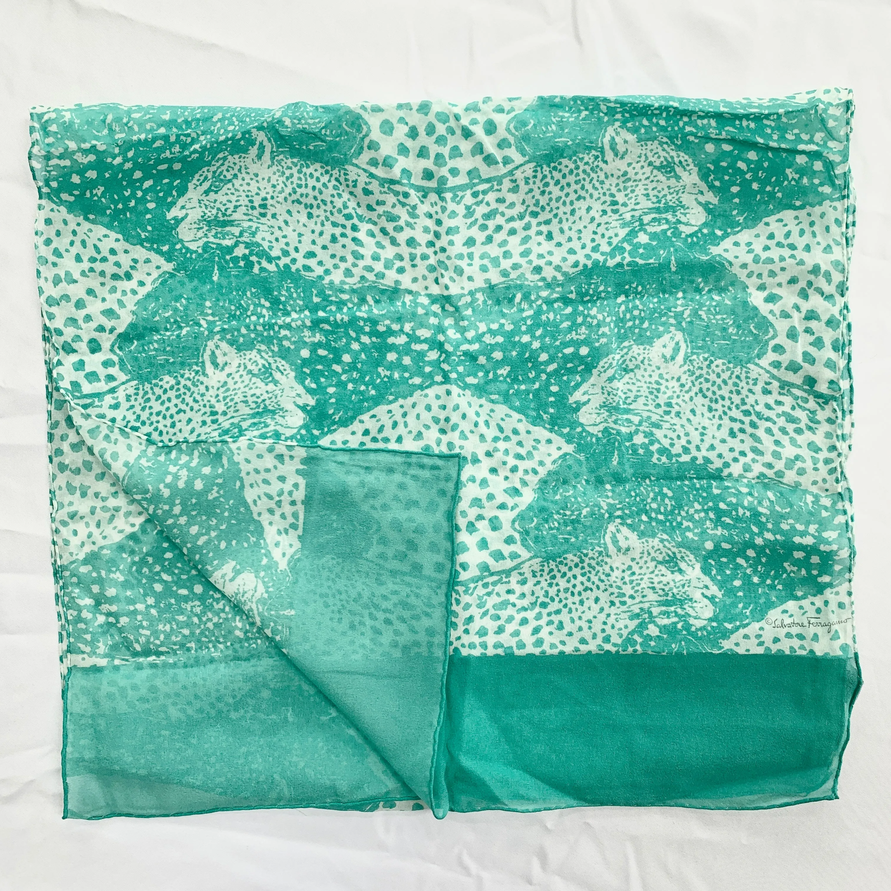 Salvatore Ferragamo Two-Tone Panther Silk Scarf in Aqua