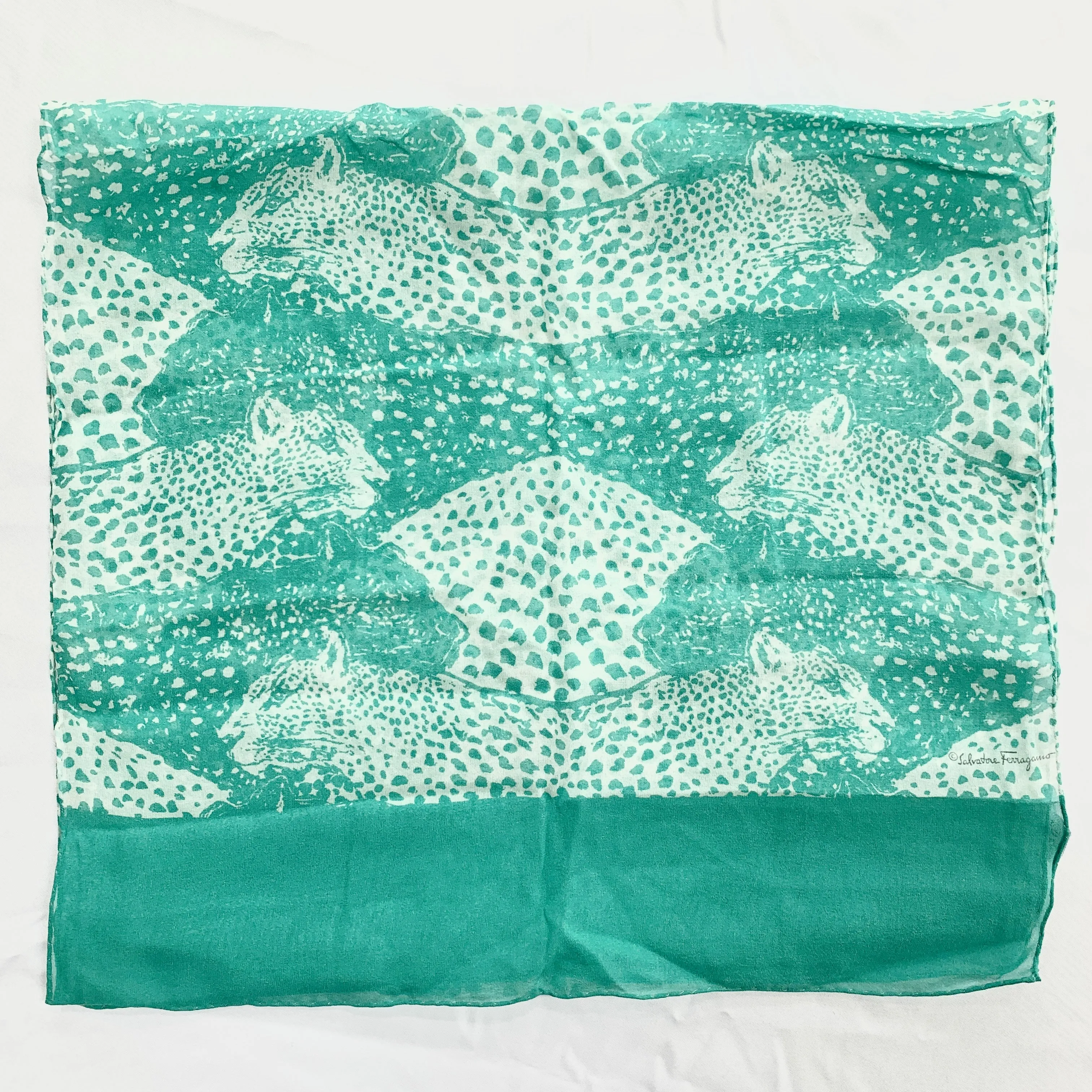 Salvatore Ferragamo Two-Tone Panther Silk Scarf in Aqua