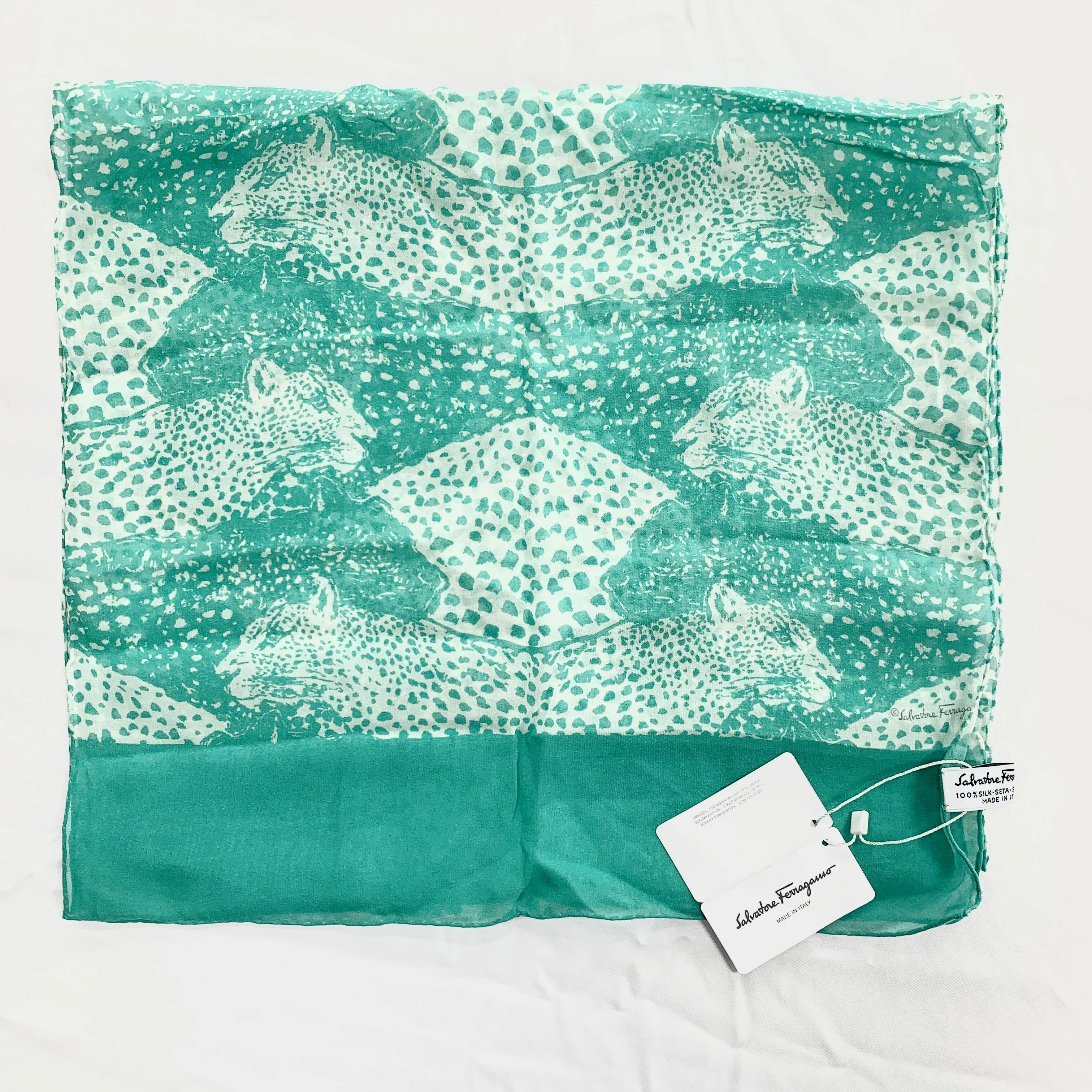 Salvatore Ferragamo Two-Tone Panther Silk Scarf in Aqua