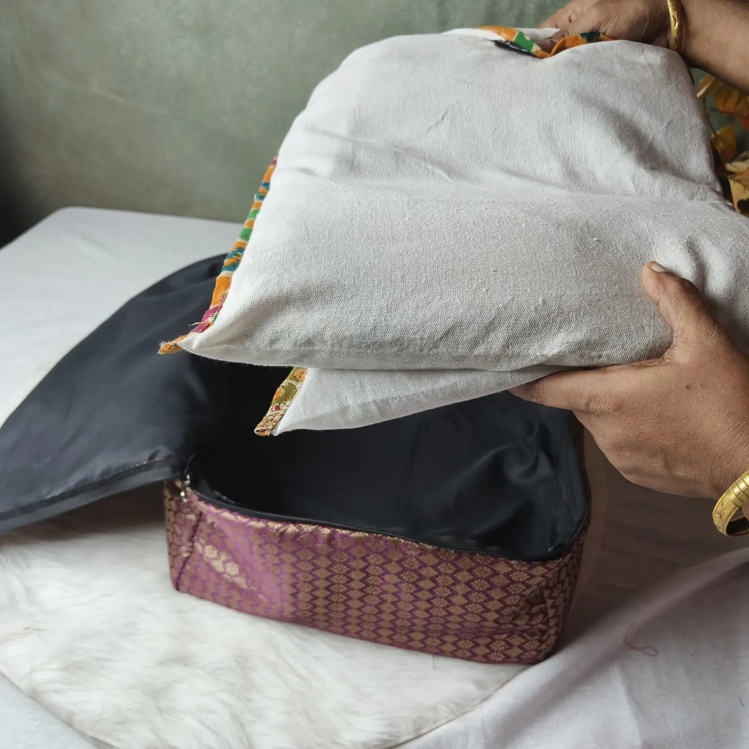 Saree Storage Bags Blue Diamond weaves gold